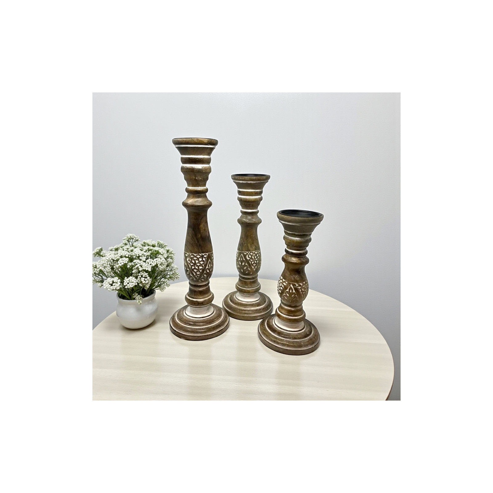 Set of 3 Fern Candle Holders-White Wash